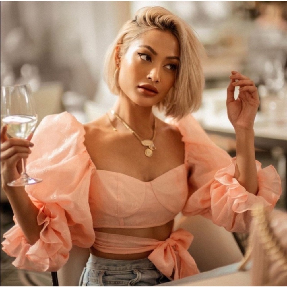 For Love & Lemons Pink Dot Puff Sheer Metallic Sleeve Wrap Bustier Crop Top XS